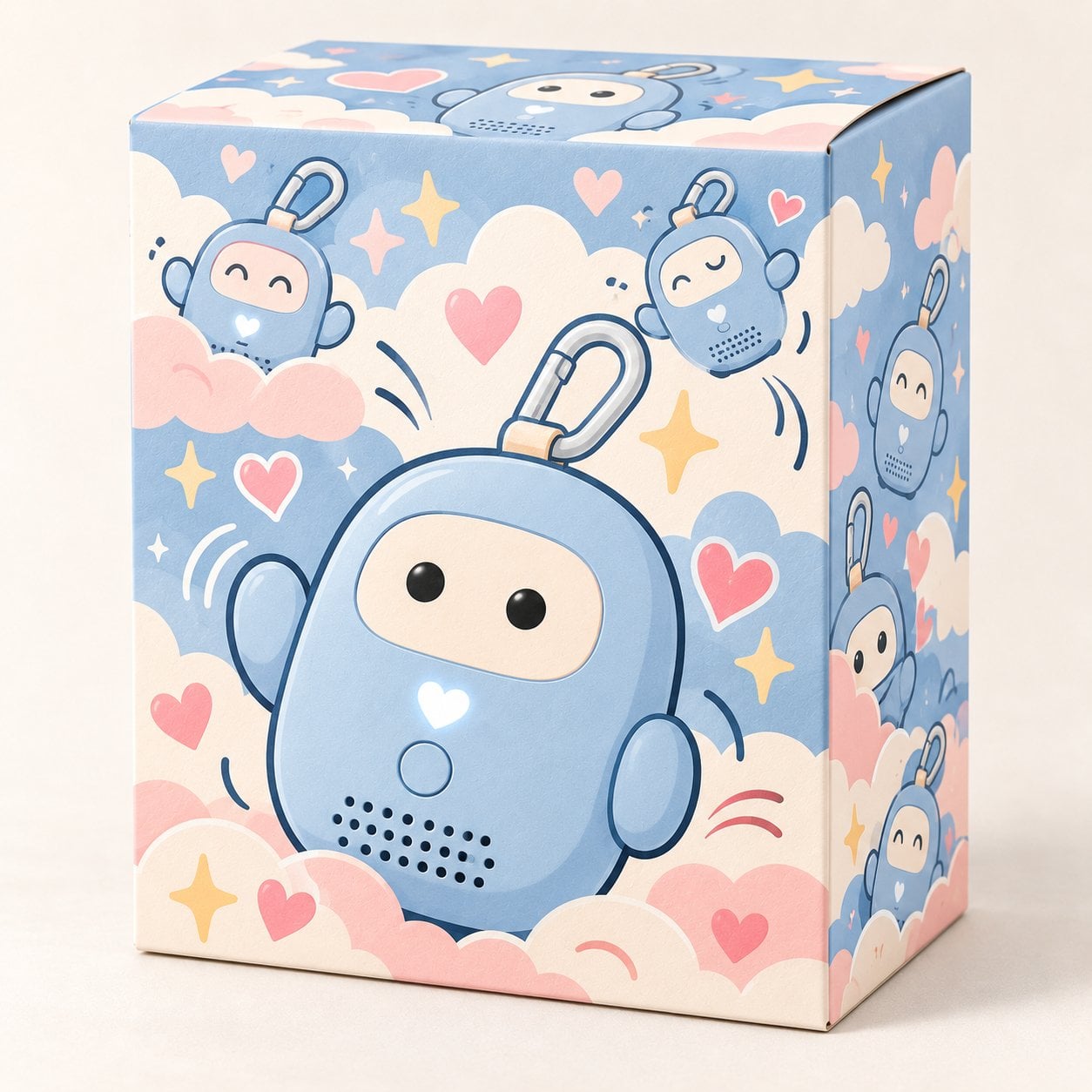 Render of the Hamrah packaging: a box covered in cartoon illustrations of Hamrah with clouds, stars, hearts and playful motion lines