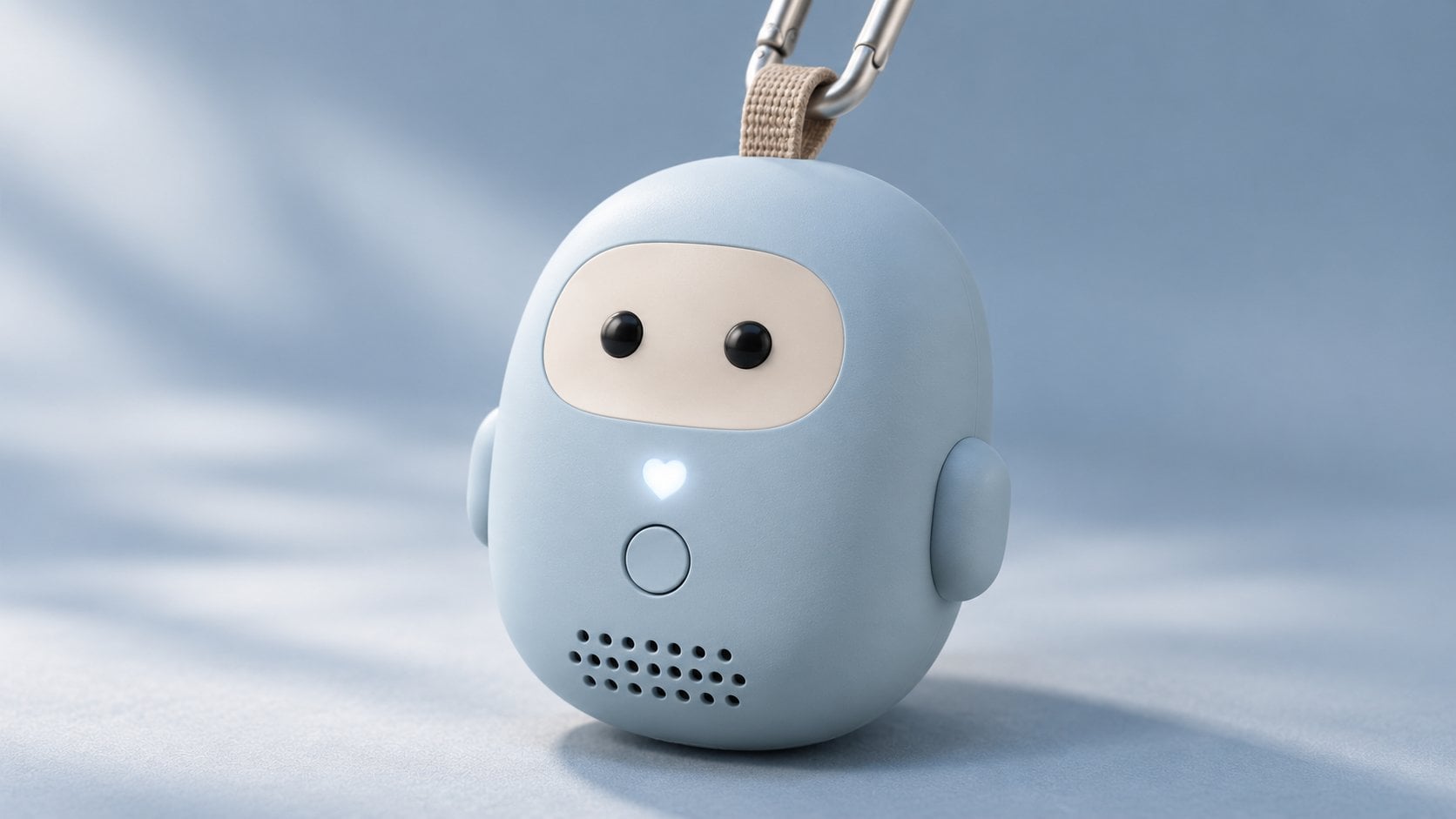 Render close-up of Hamrah: a rounded powder-blue toy with a cream face, two dark eyes, small arms and a white heart motif, with a fabric loop and carabiner at the top