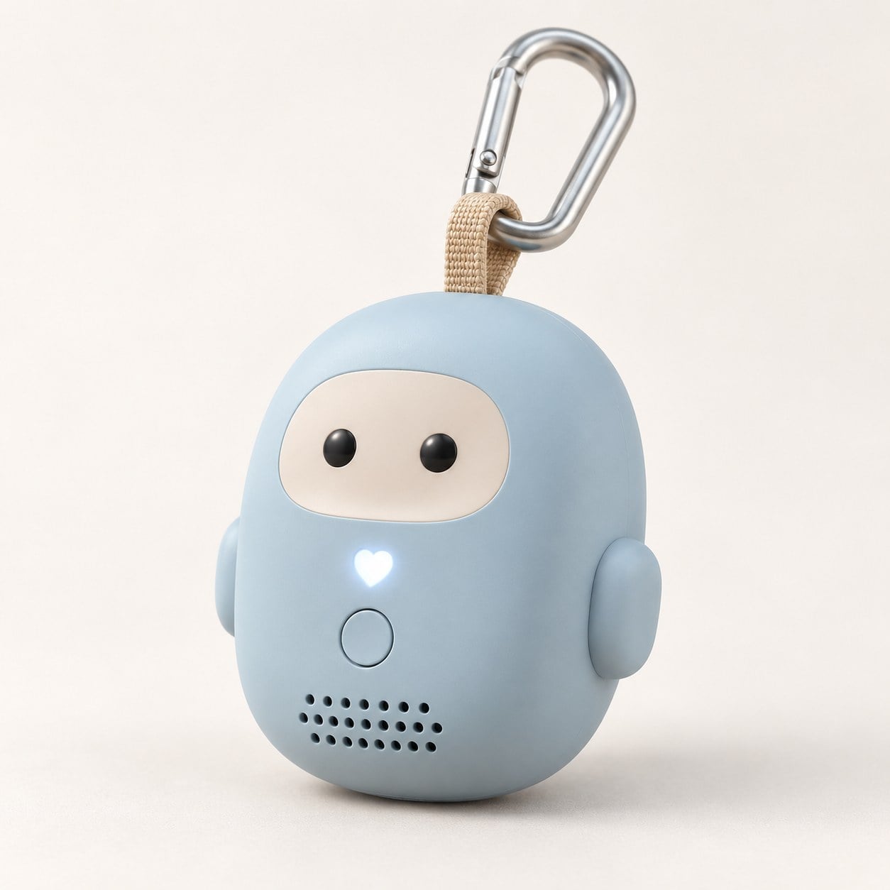Render of Hamrah from the front: a small, rounded powder-blue toy with a cream face, two dark eyes, small arms and a white heart motif, hanging from a fabric loop and a carabiner