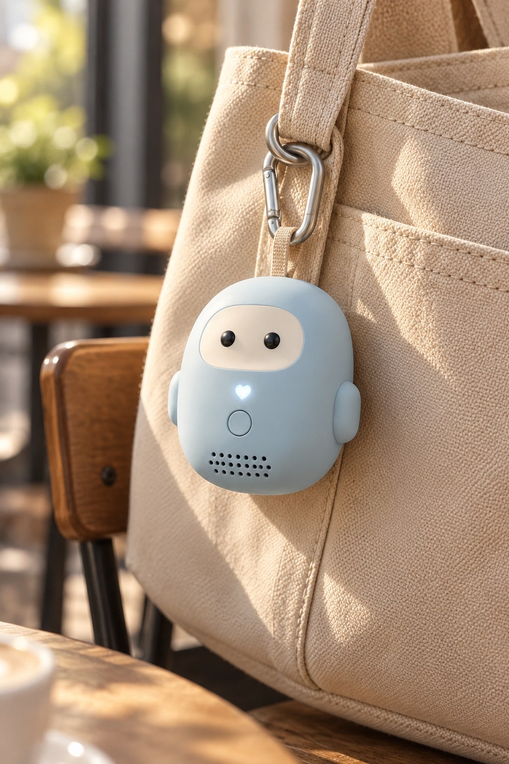 Render of Hamrah clipped by its carabiner to the strap of a canvas tote bag